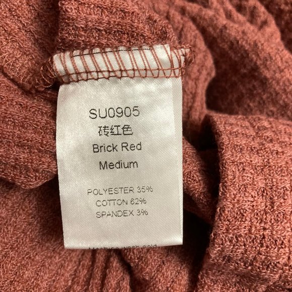 WOMEN'S V Neck Waffle Knit Henley Tops Brick Red - Picture 8 of 16